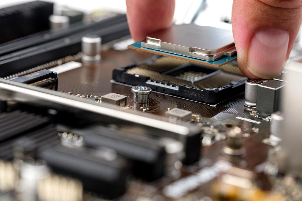 Close-up of modern CPU processor on motherboard