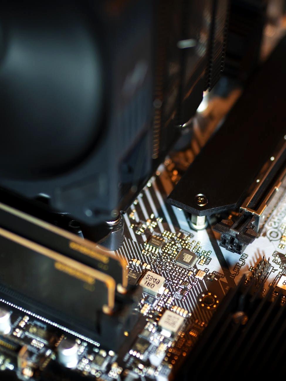 Close up of advanced motherboard with components and cooling system